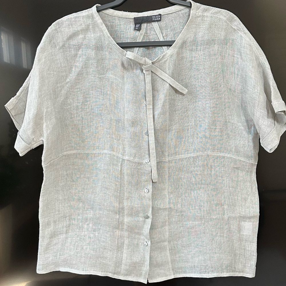 Eileen Fisher Irish Linen Abolone  Tie Sheer Light Blue, Size XS - Picture 10 of 10